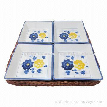 Fine Porcelain 12-inch 4-in-1 Tray Set with Basket, Hand Paint
